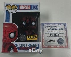 Marvel Spiderman Funko Pop # 03 Hot Topic Exclusif Signé Par Stan Lee Withcoa