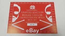 Roger Taylor Reine Signé Drum Head Baguettes Vinyle Box Set # 009 Rare Mint Nouveau