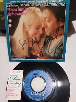 Serge Gainsbourg vinyle 45t autographié 'GOD SMOKER OF HAVANES' avec billet signé en direct